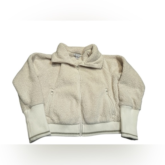 Athleta Ivory Tugga Sherpa Ribbed Trim Zip Front Zip Pockets Sherpa Inside Sz M - Picture 1 of 7